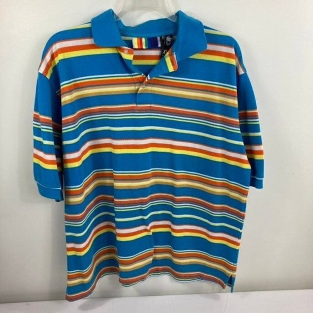 Mens Lion‎ Brand Striped Polo Golf Shirt Blue Yellow Orange XL